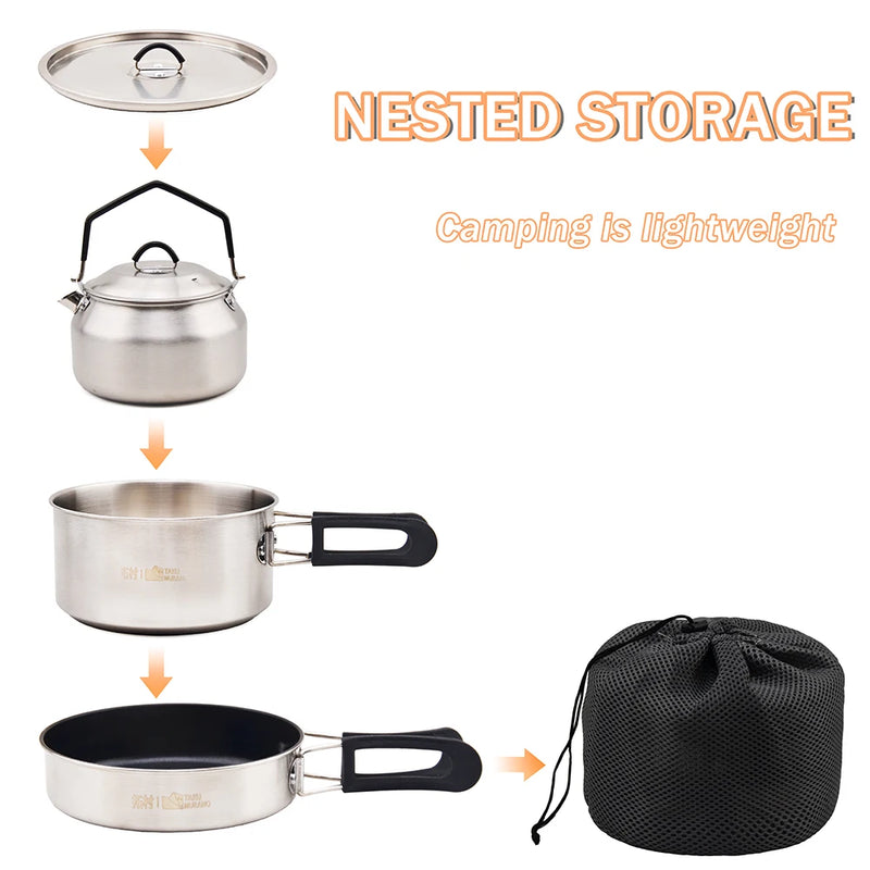 Camping Cookware Set Portable 304 S.S  Cookware Kit Outdoor Pot Cooking Water Kettle Pan Set Tableware Hiking Picnic Equipment