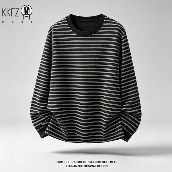 Mens Everyday Crew Neck Top Long Sleeve Horizontal Striped Waffle Texture Soft Comfortable Casual Daily Apparel
