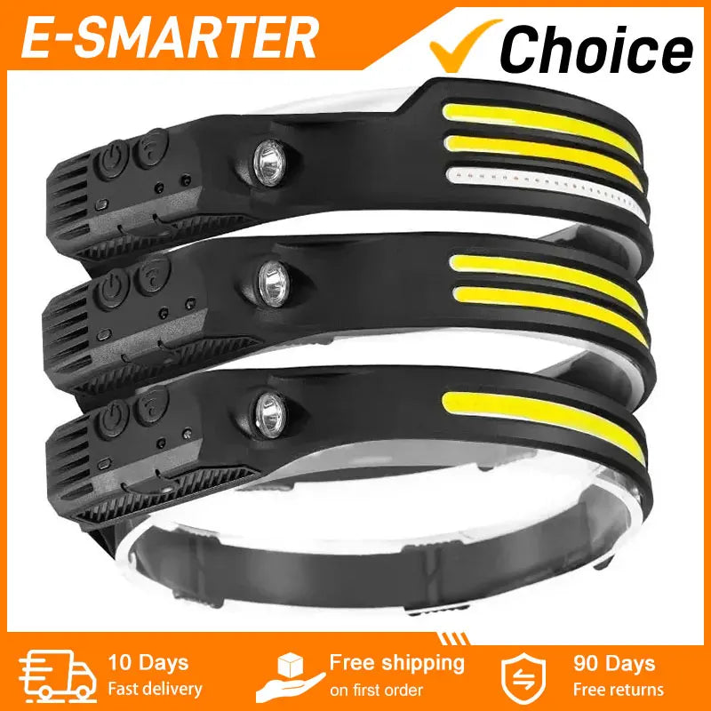ពិលក្បាលដែលអាចសាកបានដោយ USB ចង្កៀងមុខប្រភេទ Induction COB LED ចង្កៀងក្បាលប្រភេទ Sensor មានថ្មភ្ជាប់មកស្រាប់ ពិលភ្លើង 5 របៀបបំភ្លឺ ចង្កៀងមុខ
