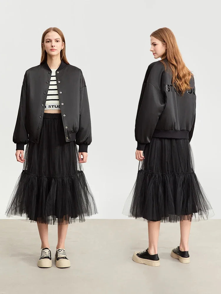 AMII Mesh Pleated Skirt for Women 2026 Autumn New Loose Fashion Cute Romantic Tutu Mid Length Skirt Clothing Streetwear 12343412