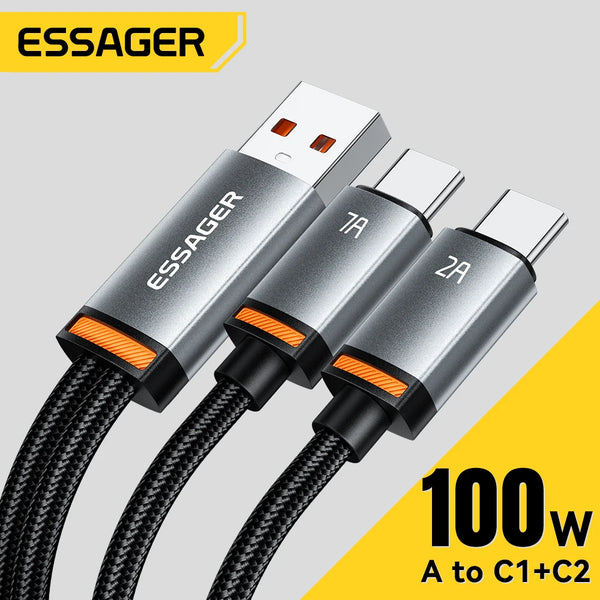 ខ្សែសាក Essager 2 in 1 7A USB A ទៅ Type C ទៅ Lighting 100W PD សាកលឿនសម្រាប់ Macbook IPhone16 15 14 Samsung Xiaomi Huawei Hono