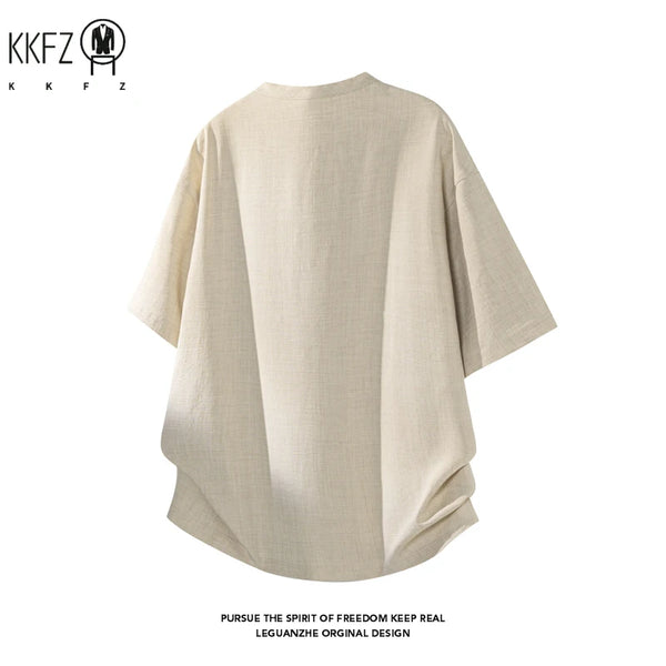 Men Linen Blend Henley Button Collar Short Sleeve Tee Oversized Silhouette Top For Everyday Summer Casual Commute Dressing