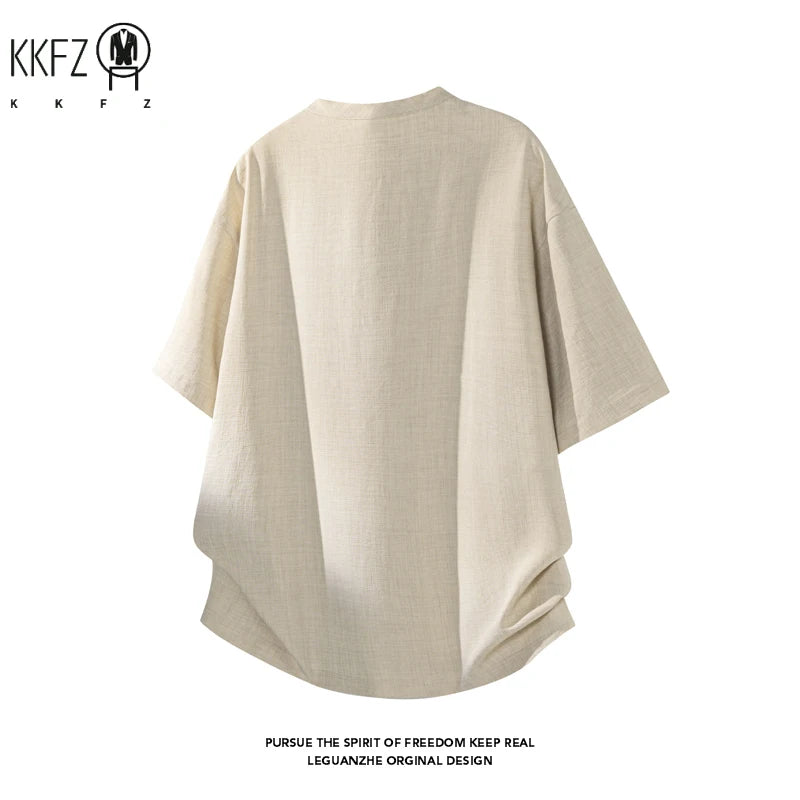 Men Linen Blend Henley Button Collar Short Sleeve Tee Oversized Silhouette Top For Everyday Summer Casual Commute Dressing