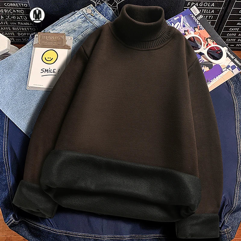 Winter Thermal Base Layer Men High Collar Knitted Pullover Full Fleece Lined Soft Long Sleeve Daily Commute Sweater