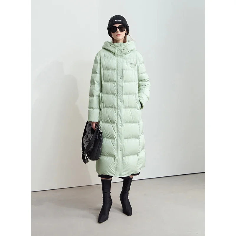 Amii 2026 Winter New Warm Hooded Graphene Lining Long Down Jacket Women Leather Brand Decorative Fashion Commuter Coat 12444029
