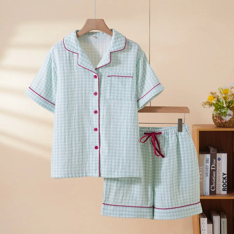 Plaid Print Women's Pajamas Short Sleeve Sleepwear Cotton Night Wear For Ladies Summer New 2 Pieces Home Wear Pyjama Set Woman