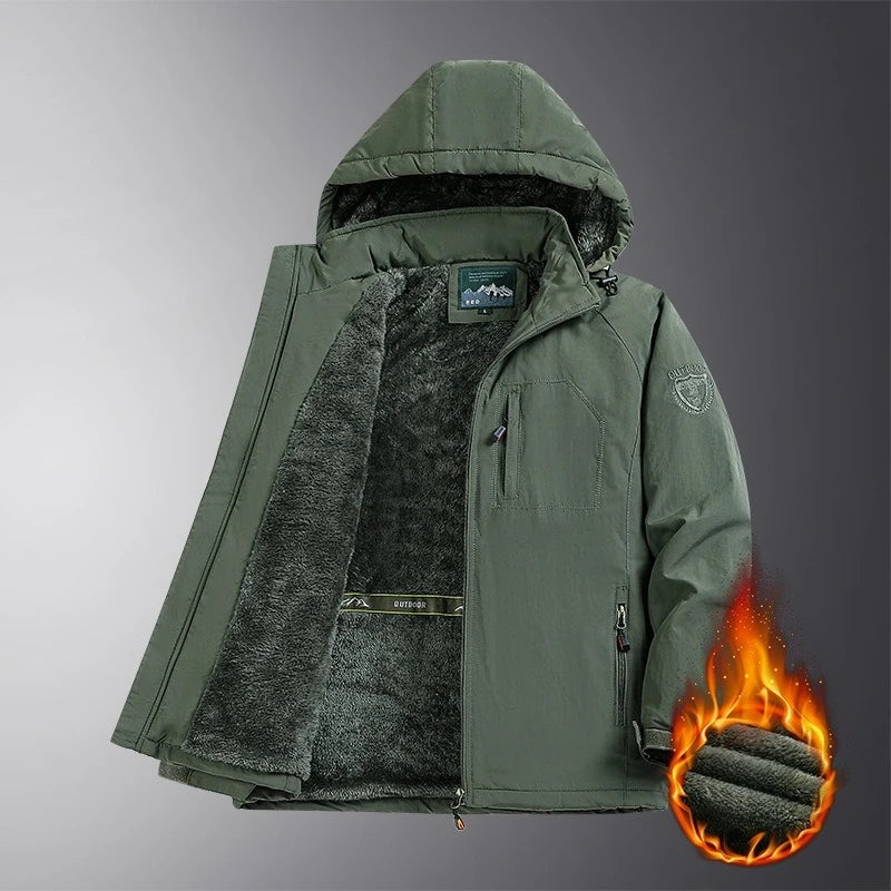 Men's Detachable Hood Jacket, Windproof Waterproof Outdoor Coat, Fleece-Lined Option, Army Green Khaki Navy Black