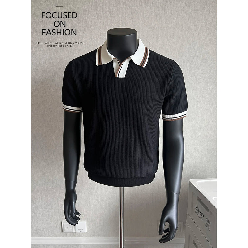 Men's Contrast Collar Polo, Old Money Style Knit Shirt,Stretchable, Breathable, Everyday Commuter Knitted Pullover.