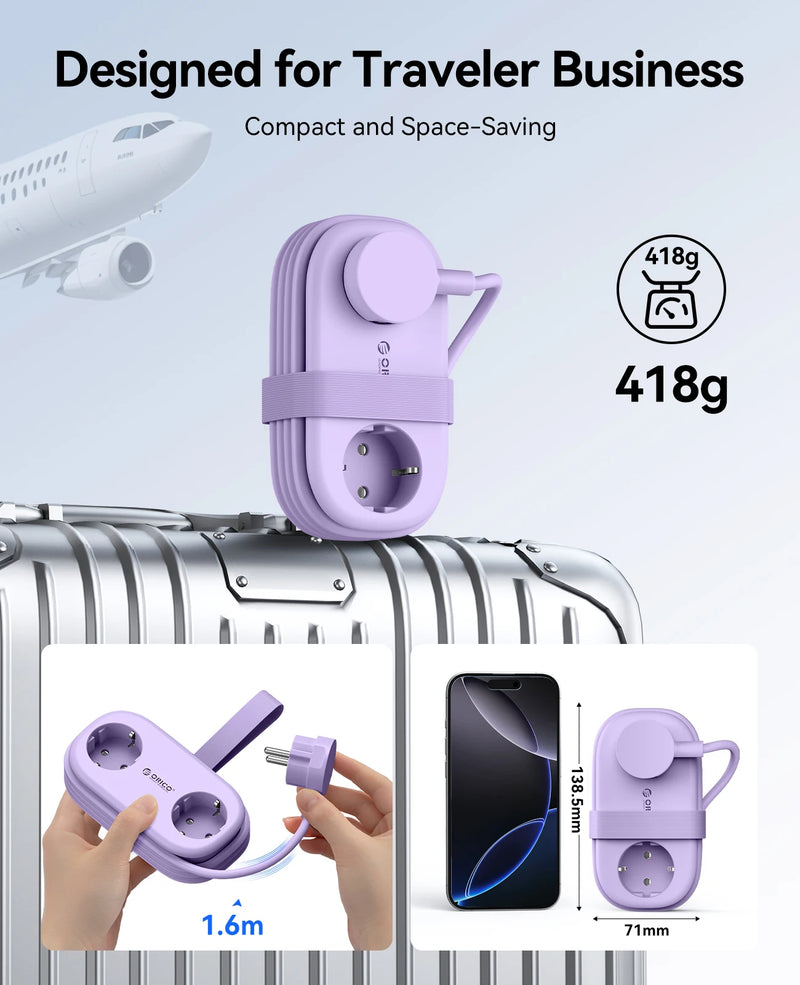 ORICO Cable-Wrap Portable Travel Power Strip 65W GaN Fast Charging Station with 2 AC Outlets 2 USB 2 Type-C EU Plug Adapter Home
