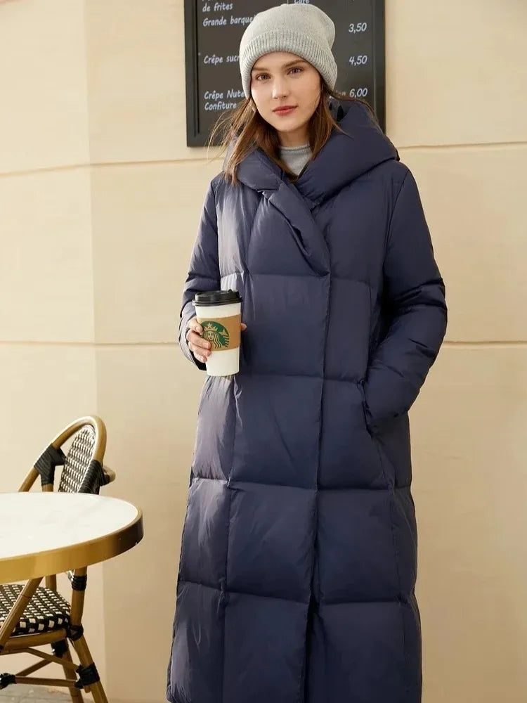AMII Women's Down Coats Long Jacket Casual Loose Hooded Covered Button Coats 2026 Winter New Versatile Ladies Clothing 12424110