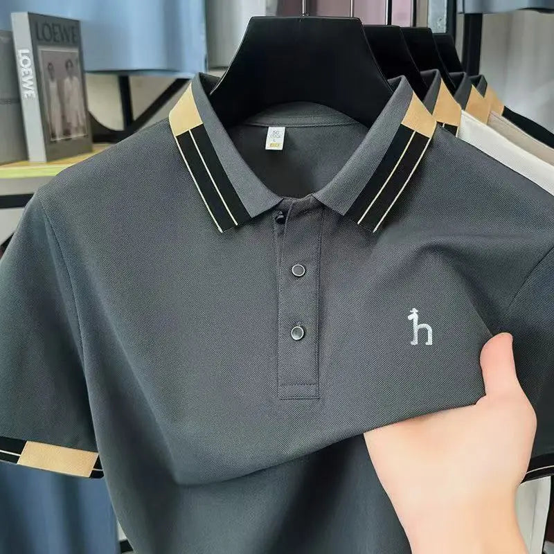 Luxury Quality Man Short-Sleeved Polo Shirt Lapel Button Color Blocking Printing New Golf T-Shirt Business Casual Men's Clothing