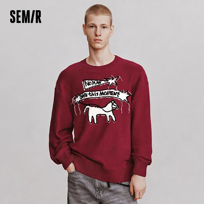Semir Red Sweater Men 2026 Spring Loose Crew Neck Letter Jacquard Tassel Casual Comfortable Fashion Knitwear Daily Top