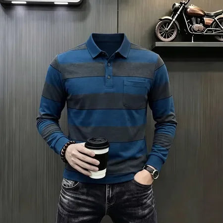 Autumn Basic Long Sleeve Polo Men Turn Down Collar Stripe Pattern Material Easy Matching Daily Commute Apparel