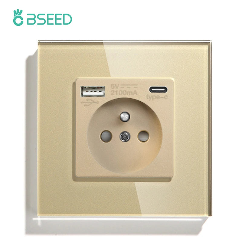 BSEED France Standard Wall Electrical Outlet USB Type-C Charge Port Glass Panel 20W Fast Charge French Socket 110-250V