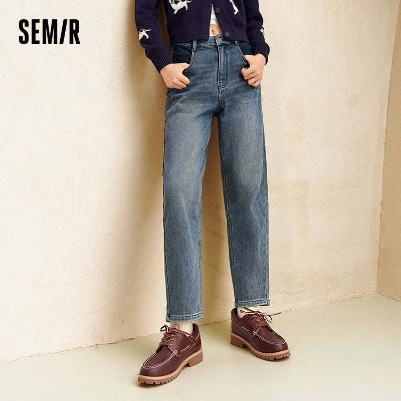 Semir Women Jeans Fleece Lined Elastic Waist Tapered Loose Fit Hip Covering 2026 Streetwear Vintage Denim Pants