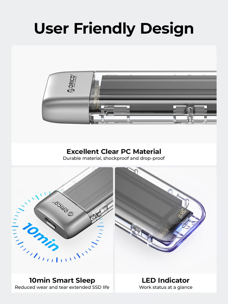 ORICO M.2 SSD Case NVME SATA SSD Enclosure Tool Free 10Gbps M.2 to USB Type C Transparent External Adapter Portable