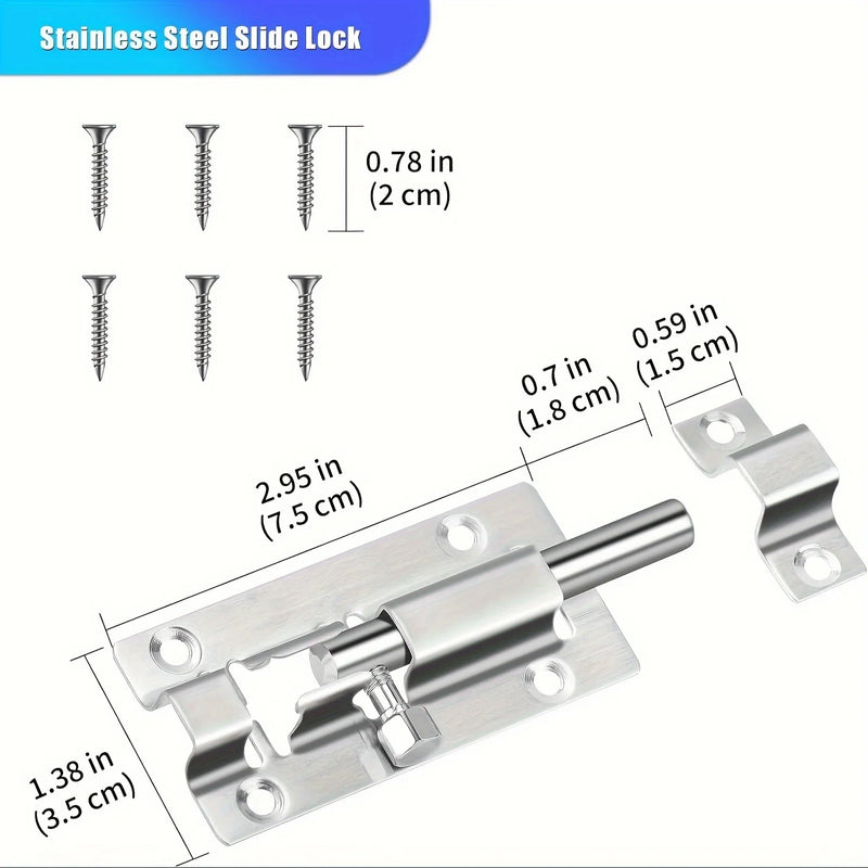 1/2pcs Barrel Bolt Latch, 7.62Cm, Thickened, Stainless Steel, Door Slide Lock, Brushed Finish, with 12pcs Screws
