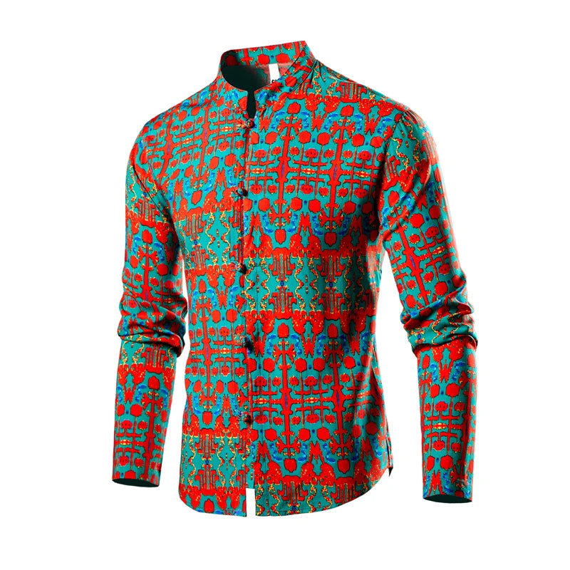 Chinese Style Men's Red Stand-up Collar Long-sleeved Shirt, Single-breasted Printed Shirts, Fashion Casual Camisas. New 2026