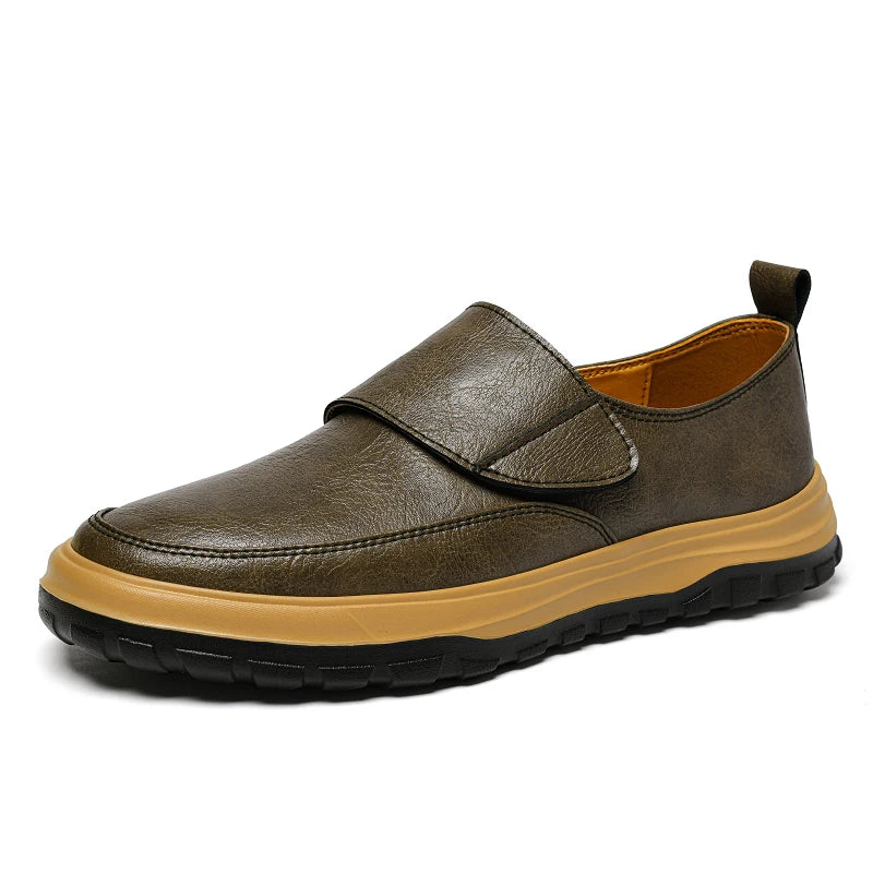 Men's Slip-On Casual Leather Loafers, Natural Leather Upper, Hook and Loop Strap, Black