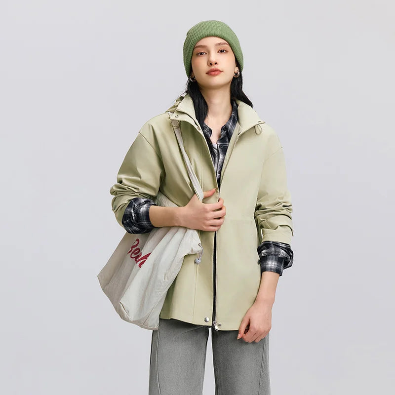 Semir Commute Jacket Women Spring Mid Length Hooded Drop Shoulder Waist Cinched Windproof Waterproof Stain-Resistant Top