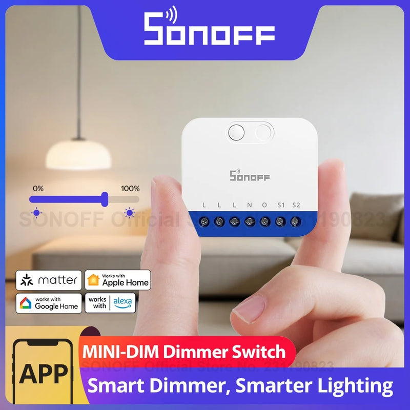 SONOFF MINI-DIM Extreme Matter Over Wi-Fi Smart Dimmer Switch Flicker-Free Dimming Wide Lighting Compatibility Power Monitoring