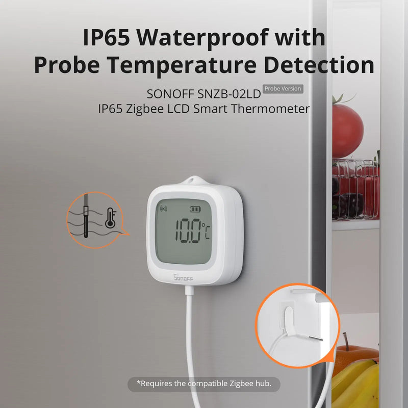 SONOFF SNZB-02LD Zigbee3.0 LCD Smart Thermometer with Probe IP65 Waterproof for Fridge Pool Fish tank Wine Cellar via ZBBridge-P