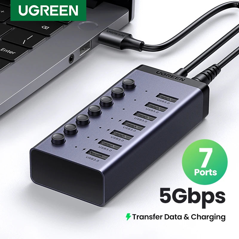 UGREEN USB HUB 7 Ports USB3.0 Splitter 5Gbps with Individual Switch Power Adapter for PC Laptop USB Ports Extender USB-C Docking
