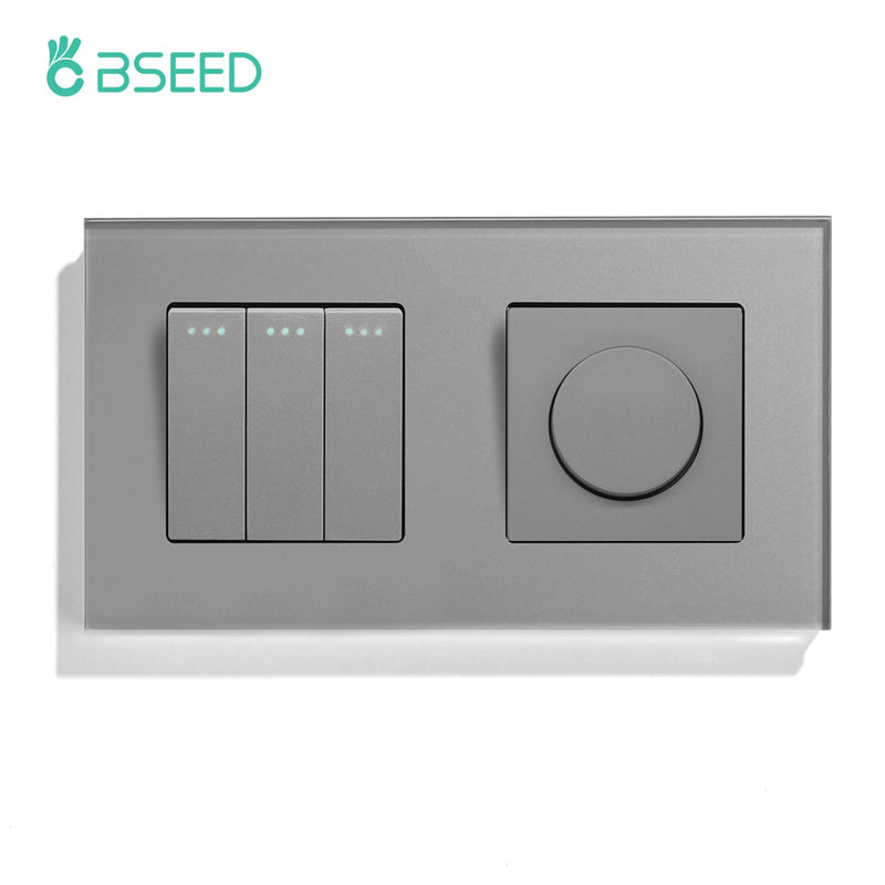 BSEED Mechanical Wall Light Switches 1/2/3Gang 1Way Plus Dimmer Switch Led Dimmable Switch EU Standard Glass Frame 10A