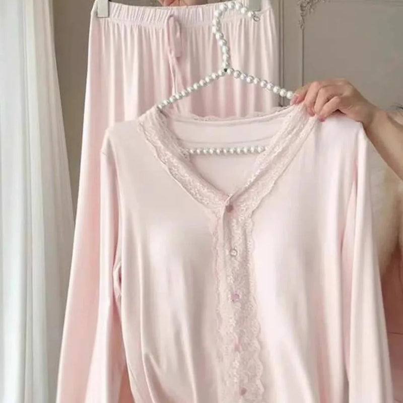 Modal With Chest Pads Pajamas Home Suit for Women New Autumn Long Sleeve Pyjama Femmes Ladies Two-Piece Set Women's Loungewear