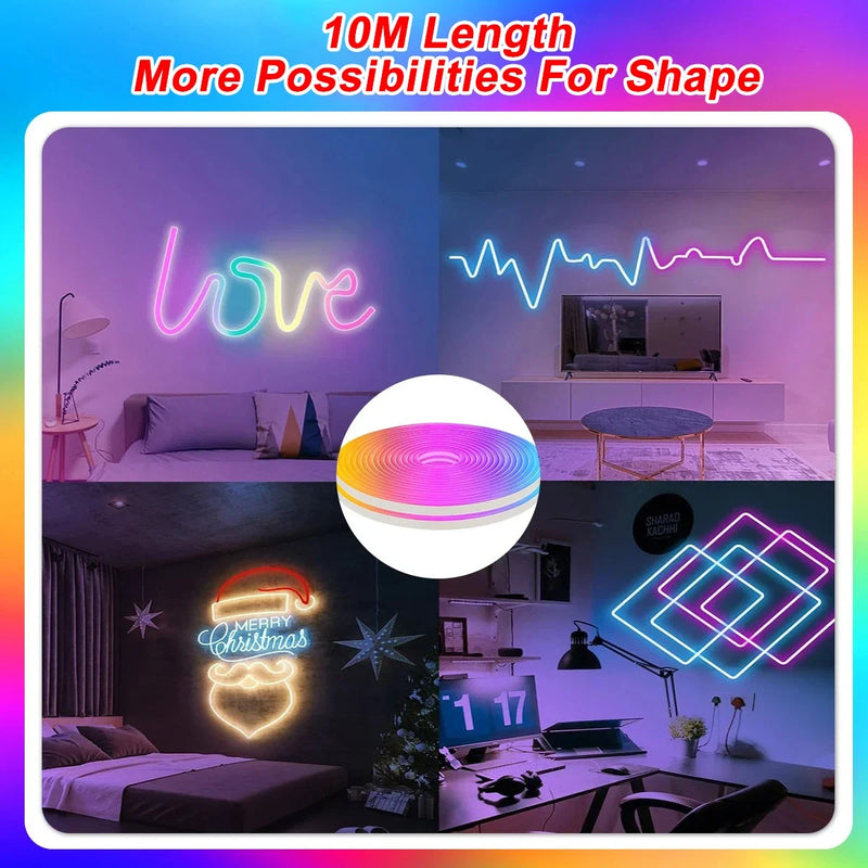 ភ្លើង LED RGBIC Neon Strip ទំហំ 1-10 ម៉ែត្រ អាចប្រើប្រាស់ជាមួយ APP Bluetooth ដើម្បីបញ្ជាភ្លើងបាន អាចបន្ថយពន្លឺបាន អាចធ្វើសមកាលកម្មតន្ត្រីជាមួយ 5V Neon Strip សម្រាប់បន្ទប់លេងហ្គេម និងការតុបតែងខាងក្រៅផ្ទះ