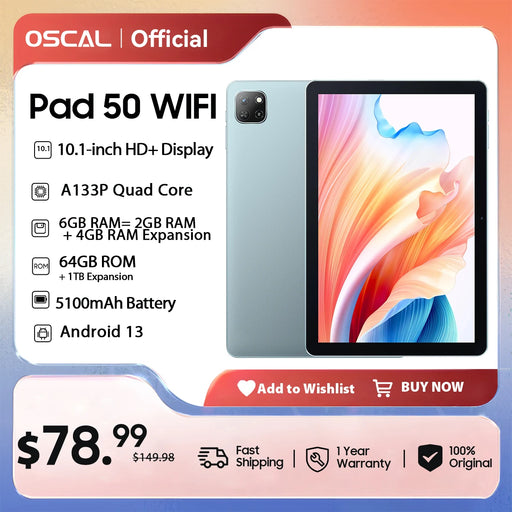 OSCAL Pad 50 WIFI Tablet PC 10.1'' HD Display 2GB 64GB 5100mAh Battery A133P Quad Core Dual Speaker Android 13 Tablets WIFI