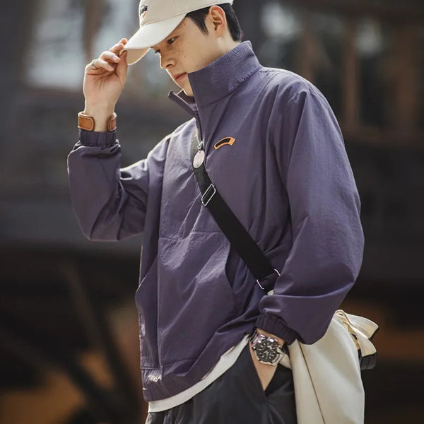 អាវក្រៅ Maden Vintage Half-Zip Stand Collar Jacket Cityboy Outdoor Hoodie Men Spring Casual Sweatshirt Sporty Urban Streetwear