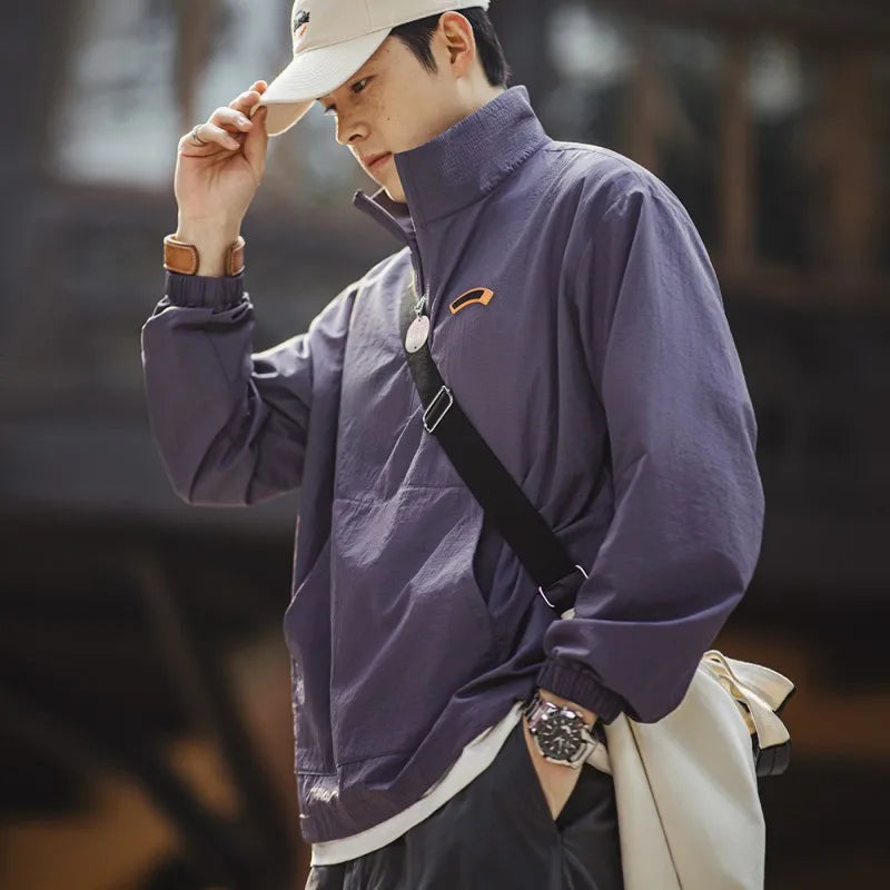 អាវក្រៅ Maden Vintage Half-Zip Stand Collar Jacket Cityboy Outdoor Hoodie Men Spring Casual Sweatshirt Sporty Urban Streetwear