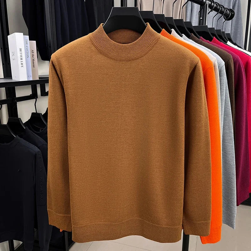 Soft Knitted Half High Neck Sweater Men Full Fleece Lined Thermal Pullover Breathable Long Sleeve Outfit For Fall Winter