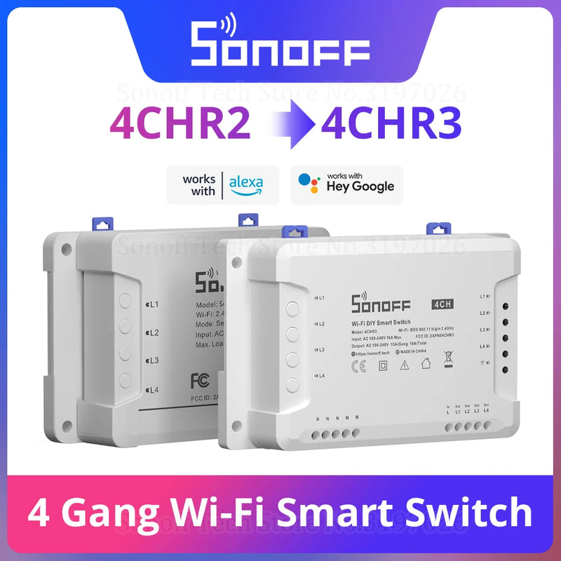 Sonoff 4CHR3 Smart Wifi Switch 4 Gang Smart Home Remote Control Light Switch Works with Alexa Google Home eWeLink APP