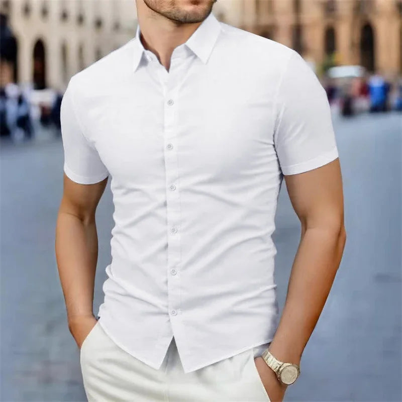 Men's Business Casual Solid Color Short Sleeve Shirt Summer Fashion No Ironing Comfortable Versatile Top for Men