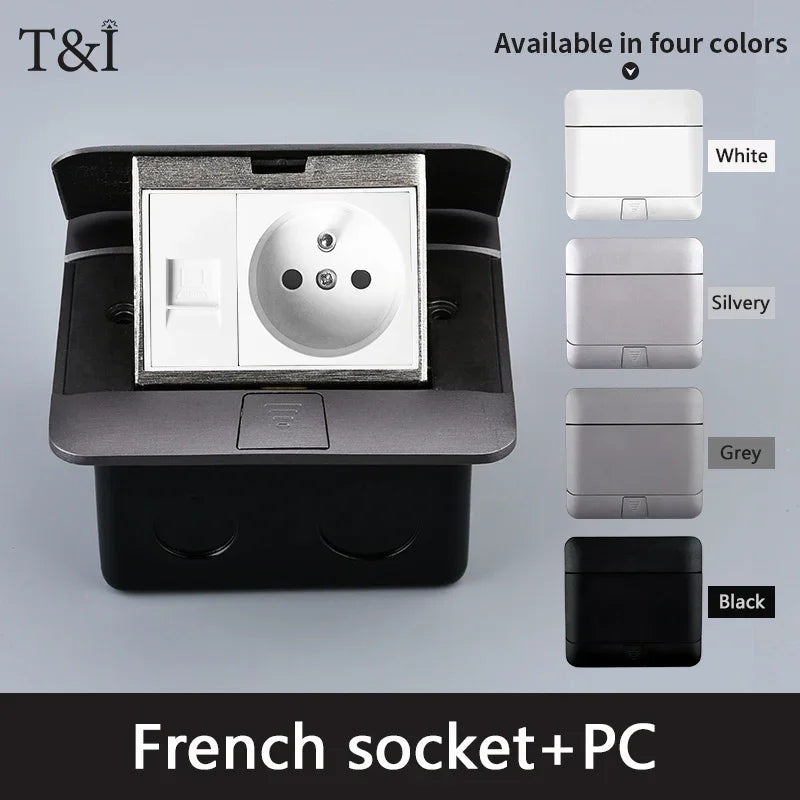 Metal Panel EU Standard Hidden Type Table Socket 2/3 Way Outlet USB/EUR/Universal/FR Office Cabinet Desktop Aluminum 120x120mm