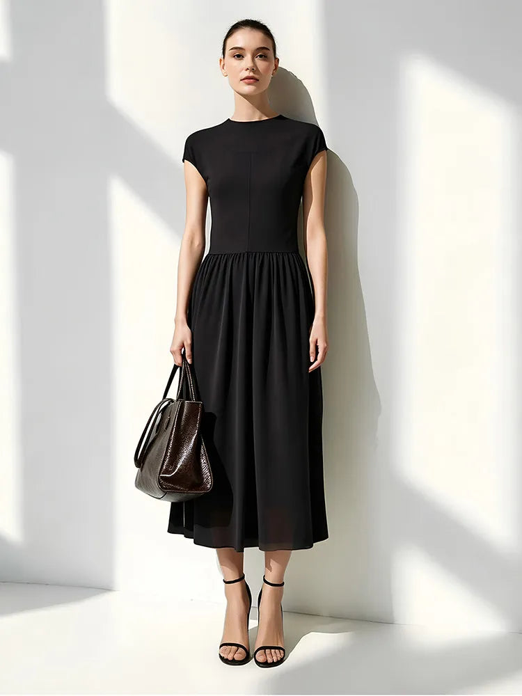 Amii Women's Casual Dresses 2026 Summer New Round Neck Chiffon Patchwork Midi Dress Office Short Sleeve Female Clothing 12622073