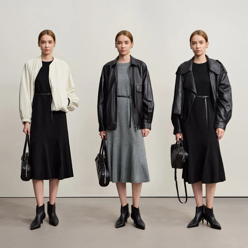 Amii Minimalist Midi Dresses 2026 Winter New Loose Elastic Long Sleeves Trumpet Skirt Casual Elegant Dresses For Woman 12544169