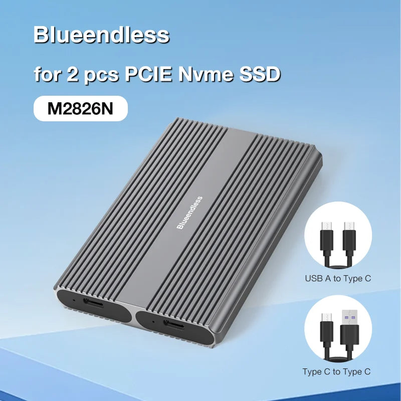ប្រអប់ Blueendless Dual Bay M2 SSD ប្រភេទ C USB3.2 Gen2 10Gbps M.2 SATA NGFF Dual Protocol អាលុយមីញ៉ូម Alloy PCIe NVMe SSD Enclosure