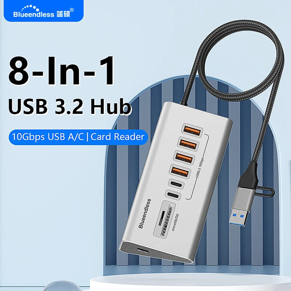 មជ្ឈមណ្ឌល USB3.2 ជំនាន់ទី 2 10Gbps អាលុយមីញ៉ូម Blueendless ជាមួយឧបករណ៍អានកាត TF/SD USB-C/USB A Hub 5-in-1 8 in 1 សម្រាប់កុំព្យូទ័រ PC កុំព្យូទ័រយួរដៃ macbook