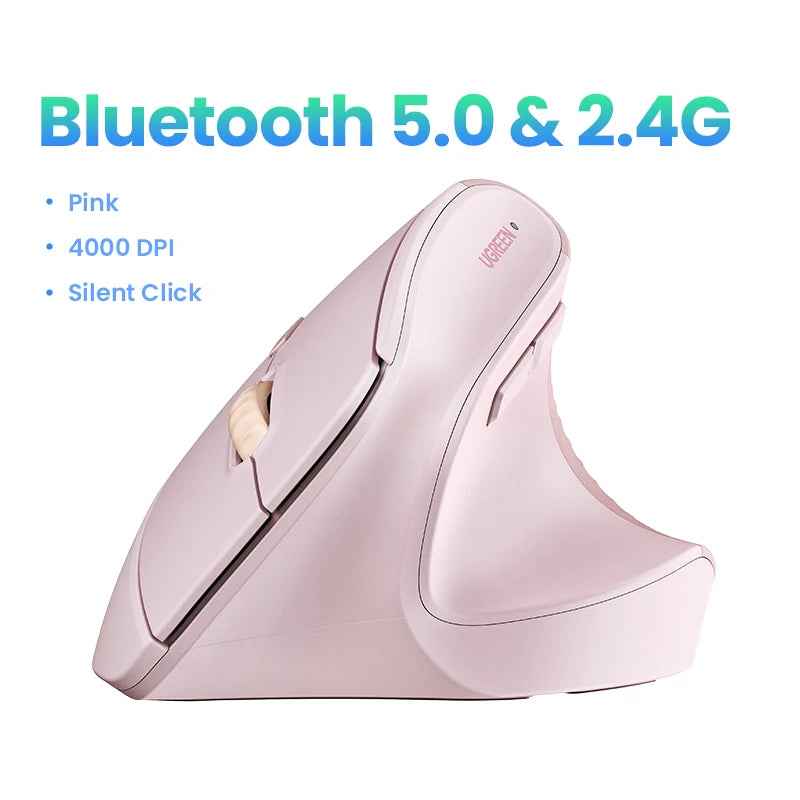 UGREEN Wireless Mouse Vertical 2.4G Ergonomic 4000DPI 6 Mute Buttons for MacBook Tablet Laptops Computer PC Mice Black Pink