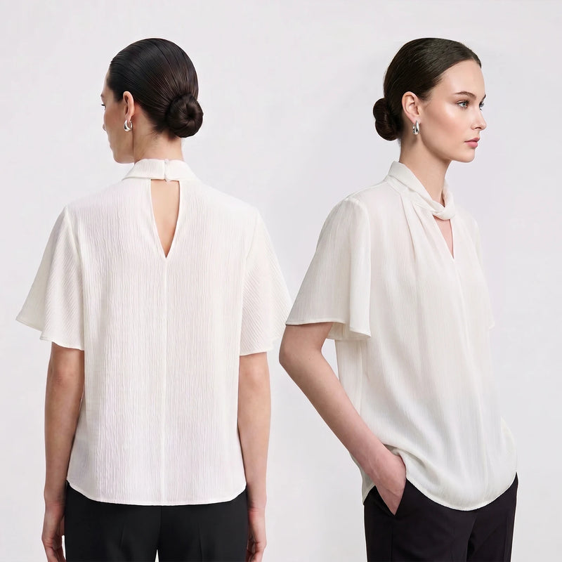 Amii Women's Blouse 2026 Summer New Twist Neck Cutout Jacquard Chiffon Top Elegant Office Flare Sleeve Shirt For Women 12622071