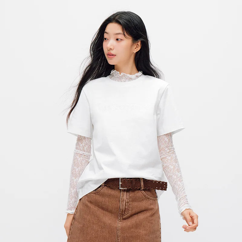 Cotton Lace Letter Embroidery Short Sleeve Summer 2026 Loose Fit Trendy Everyday Style Casual Top