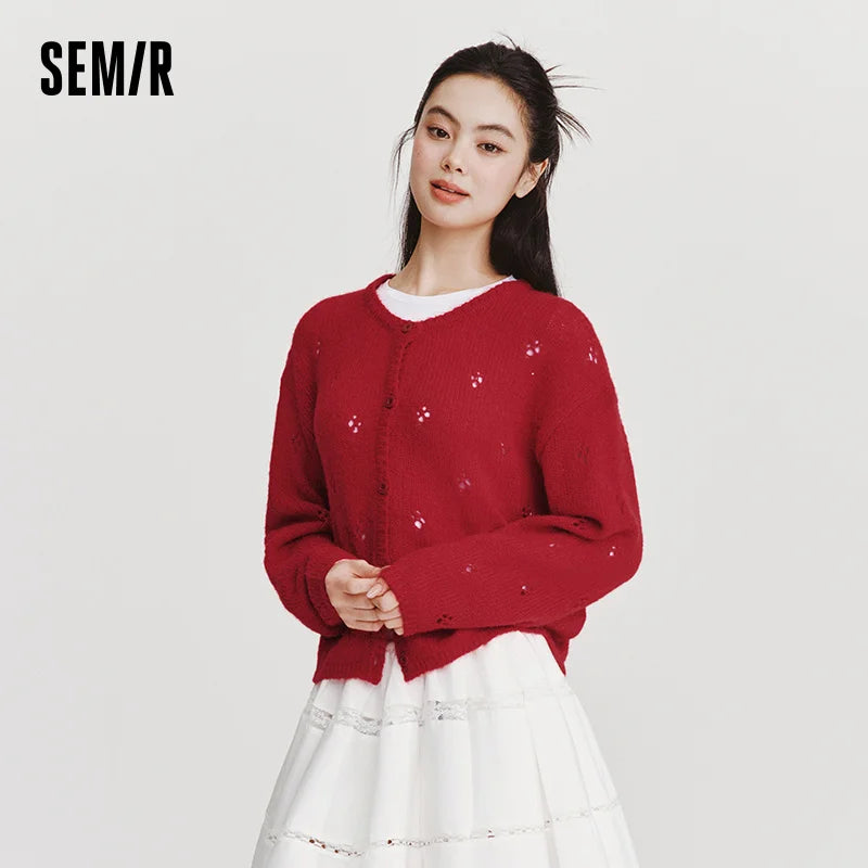Semir Red Cardigan Women 2026 Spring Hollow Out Crew Neck Loose Gentle Style Casual Comfortable Fashion Knitwear Top