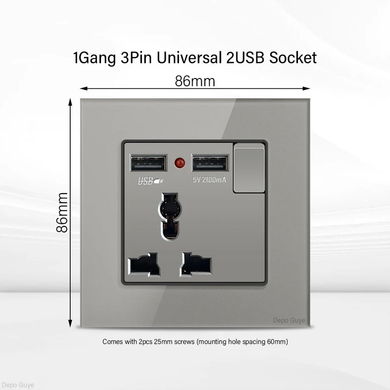 Grey UK 13A Tempered Glass USB Type C 18W Quick Charge Socket,Dual Universal Power Outlet,Home Light Electric Switch Panel