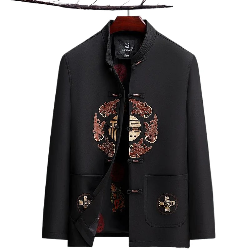 2026 New Men's Red Embroidered Long-Sleeve Jacket, Chinese-Style Single-Breasted Stand-Up Collar Coat, Fashionable Casual Tops.