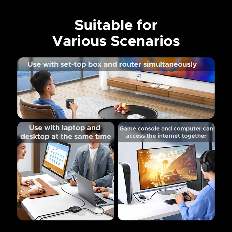 UGREEN Ethernet Splitter 100Mbps 1 to 2 RJ45 Splitter Ethernet Adapter Lan Connector Switch Coupler for PC Laptop TV Box Router