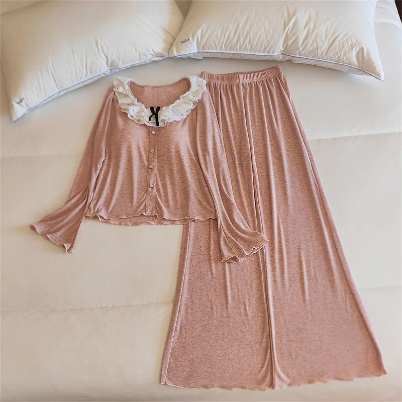 Chest Pads 2-Piece Pajamas for Women's Spring Autumn Long Sleeve Trousers Pijama Sleepwear Nightwear Woman Comfort for Homewear