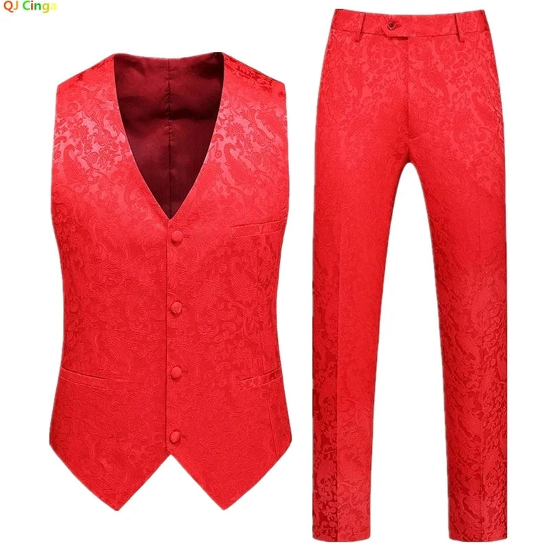 Men's Red Two-Piece Set, Sleeveless V-neck Vest with Trousers, White, Black, Red, Silver, Green,Purple To Choose From!